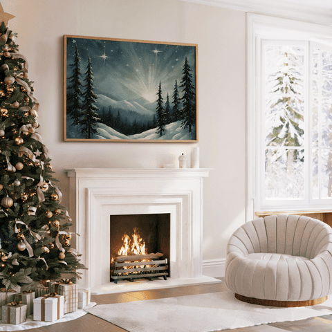 Traditional Cozy Living Room Corner with Festive Artwork Above the Fireplace — Christmas Living Room Decor