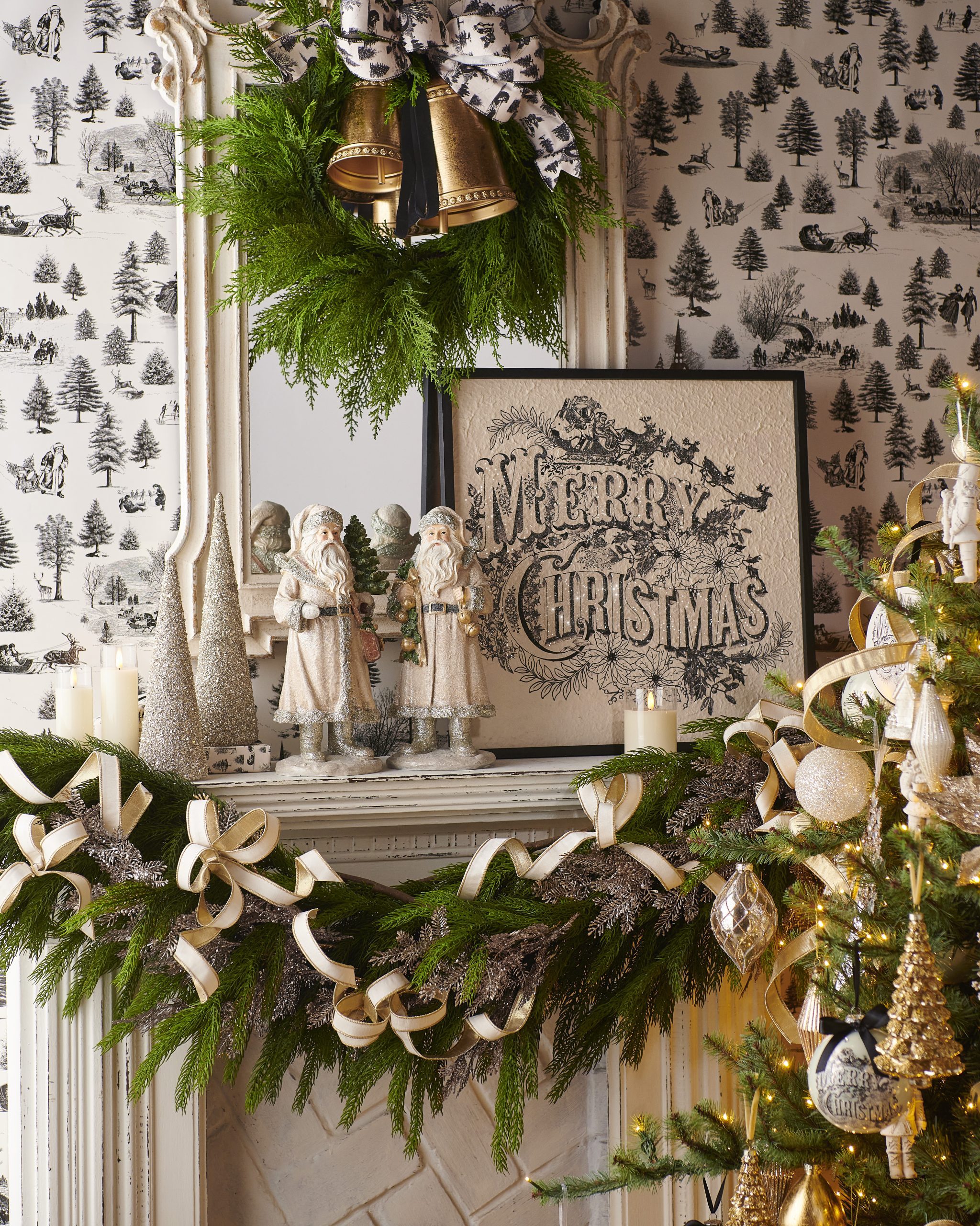 Elaborately Decorated Traditional Mantel with Layered Garland and Bells — Christmas Mantel Decor