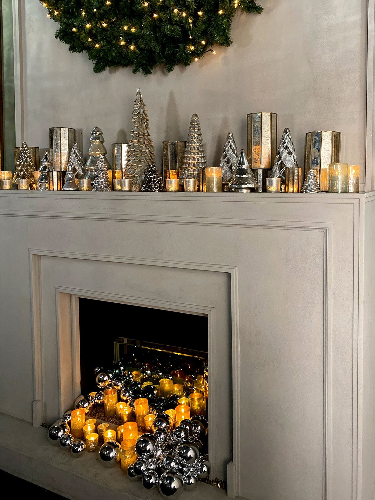 Elegant Fireplace with Metallic Trees and Ornaments Elegant Fireplace with Metallic Trees and Ornaments — Christmas Fireplace Decor