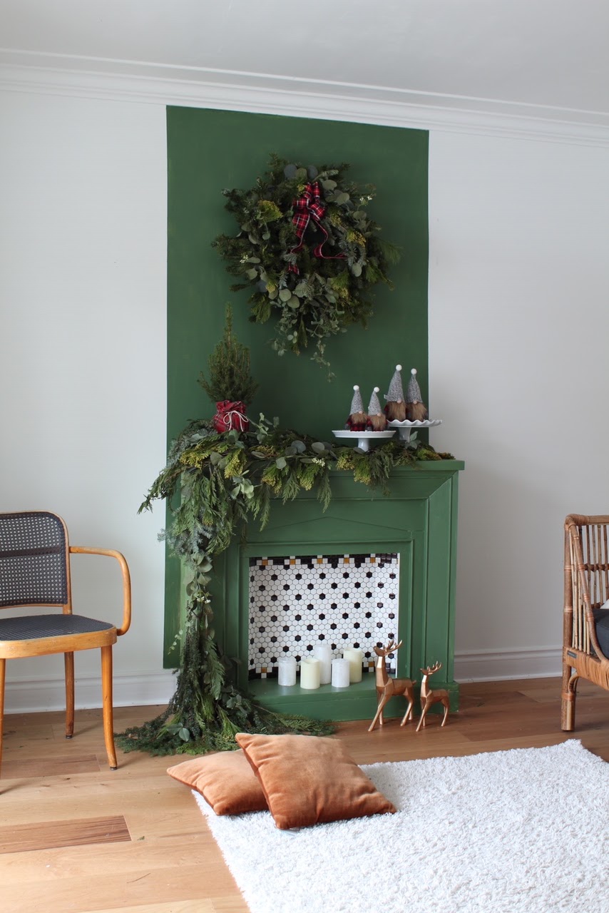 Farmhouse Fireplace with Green Paint, Wreath, and Gnomes Farmhouse Fireplace with Green Paint, Wreath, and Gnomes — Christmas Fireplace Decor