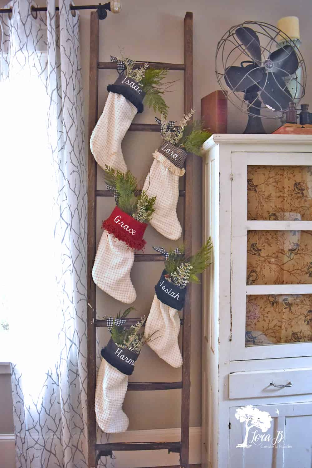 Quilted Stockings on a Rustic Wooden Ladder — Christmas Stockings Display