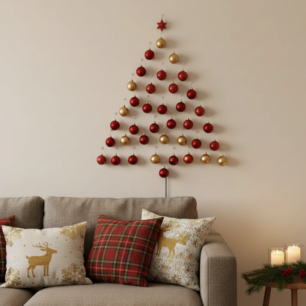 Ornament Tree Wall Feature Above Sofa — Christmas Wall Decor
