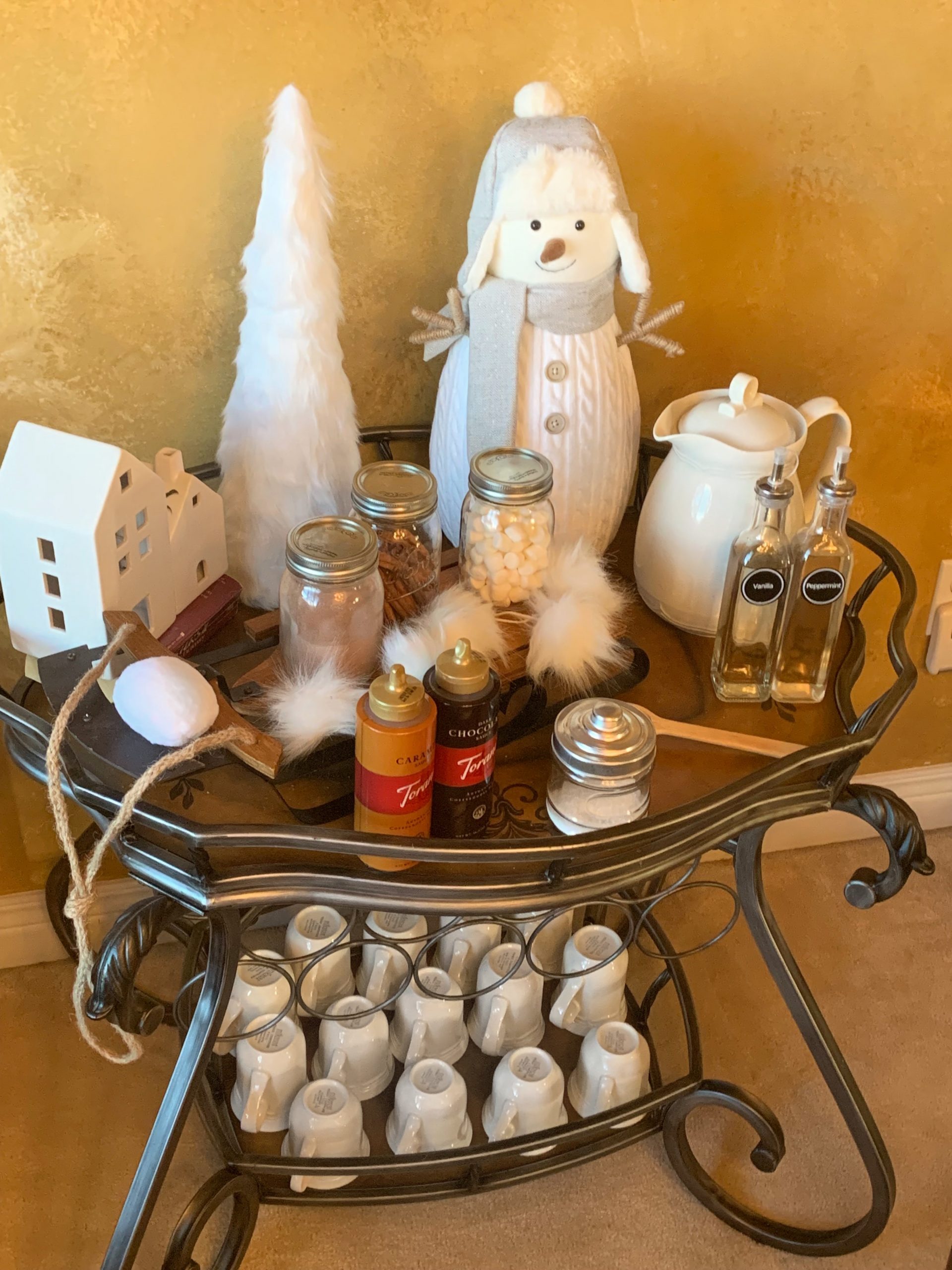 Whimsical Hot Cocoa Bar on a Gold Metal Bar Cart Whimsical Hot Cocoa Bar on a Gold Metal Bar Cart — Christmas Hot Cocoa Bar
