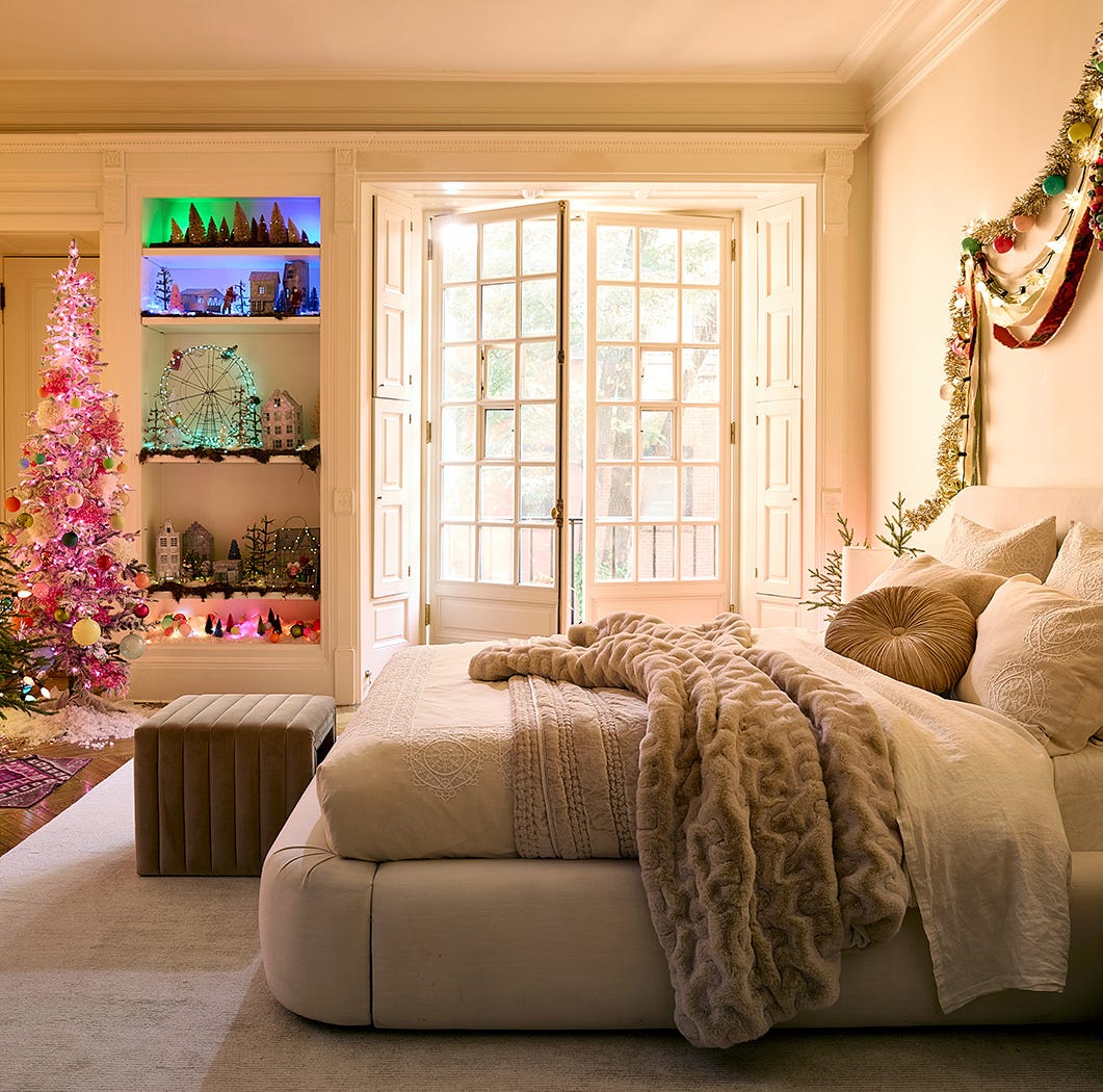 Playful Whimsical Bedroom with Pink Christmas Tree and Village Scenes Playful Whimsical Bedroom with Pink Christmas Tree and Village Scenes — Christmas Bedroom Decor