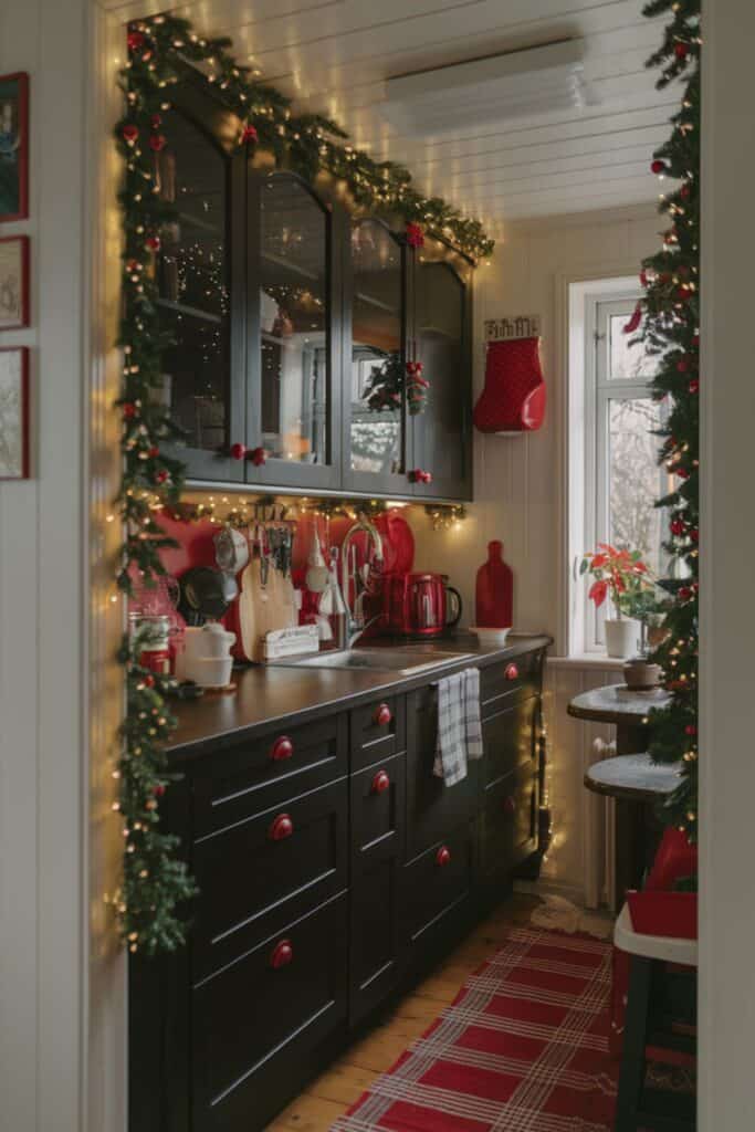 Farmhouse Kitchen Aglow with Garland and Red Accents Farmhouse Kitchen Aglow with Garland and Red Accents — Christmas Kitchen Decor