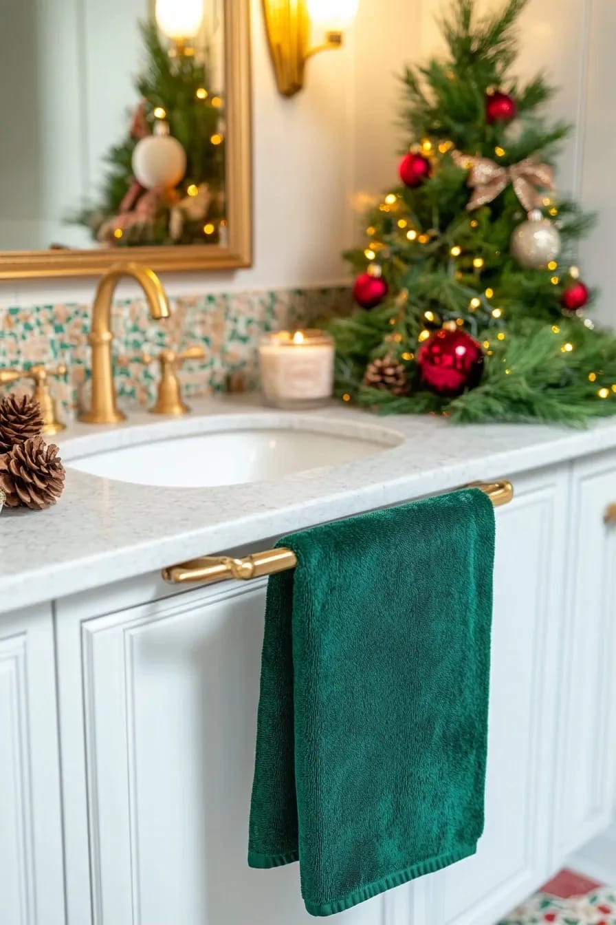 Modern Vanity with Mini Decorated Evergreen Tree — Christmas Bathroom Decor