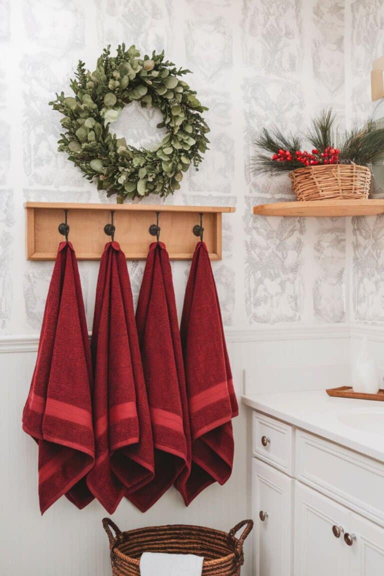 Farmhouse Bathroom with Red Towels and Greenery — Christmas Bathroom Decor