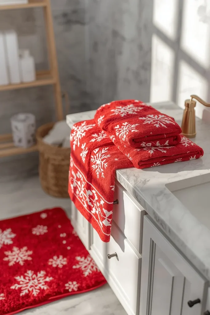 Red Snowflake Towels and Bath Mat on Marble Countertop — Christmas Bathroom Decor