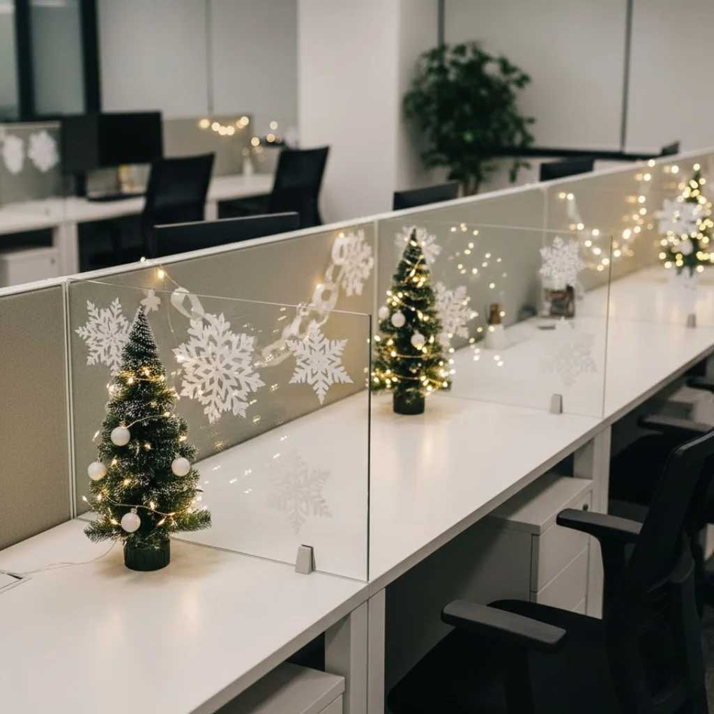 Snowflake Decals and Miniature Trees in Cubicles Snowflake Decals and Miniature Trees in Cubicles — Christmas Office Decor Ideas