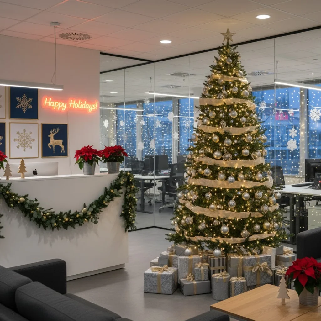 Illuminated Christmas Tree and 'Happy Holidays' Neon Sign Illuminated Christmas Tree and 'Happy Holidays' Neon Sign — Christmas Office Decor Ideas
