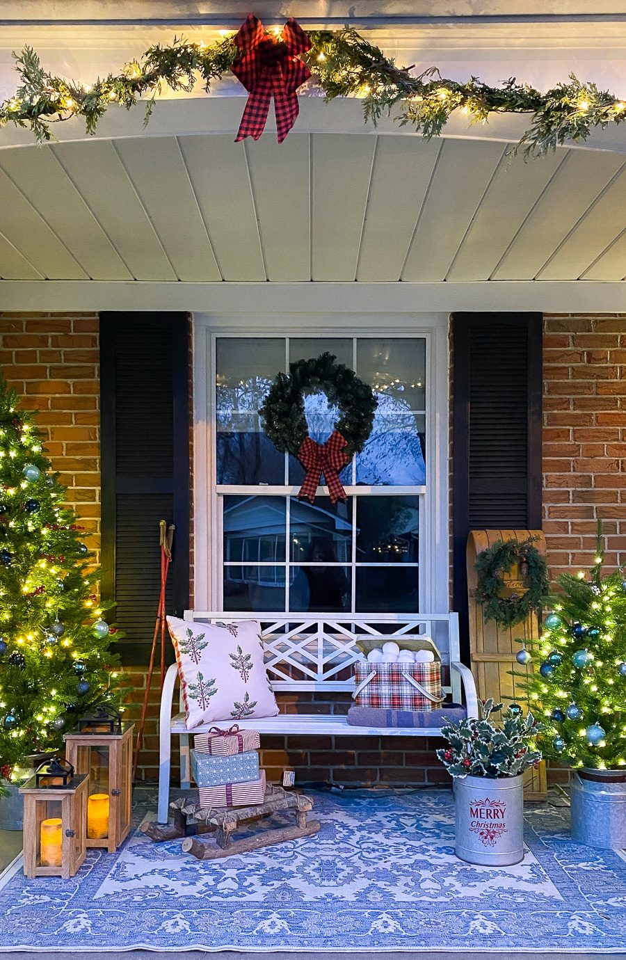 Evening Porch Ambiance with String Lights and Lit Trees — Christmas Porch Decor