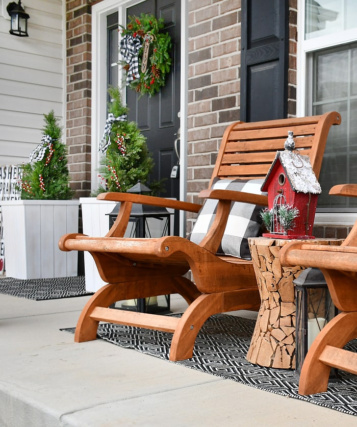 Cozy Farmhouse Porch with Adirondack Chairs and Buffalo Check — Christmas Porch Decor