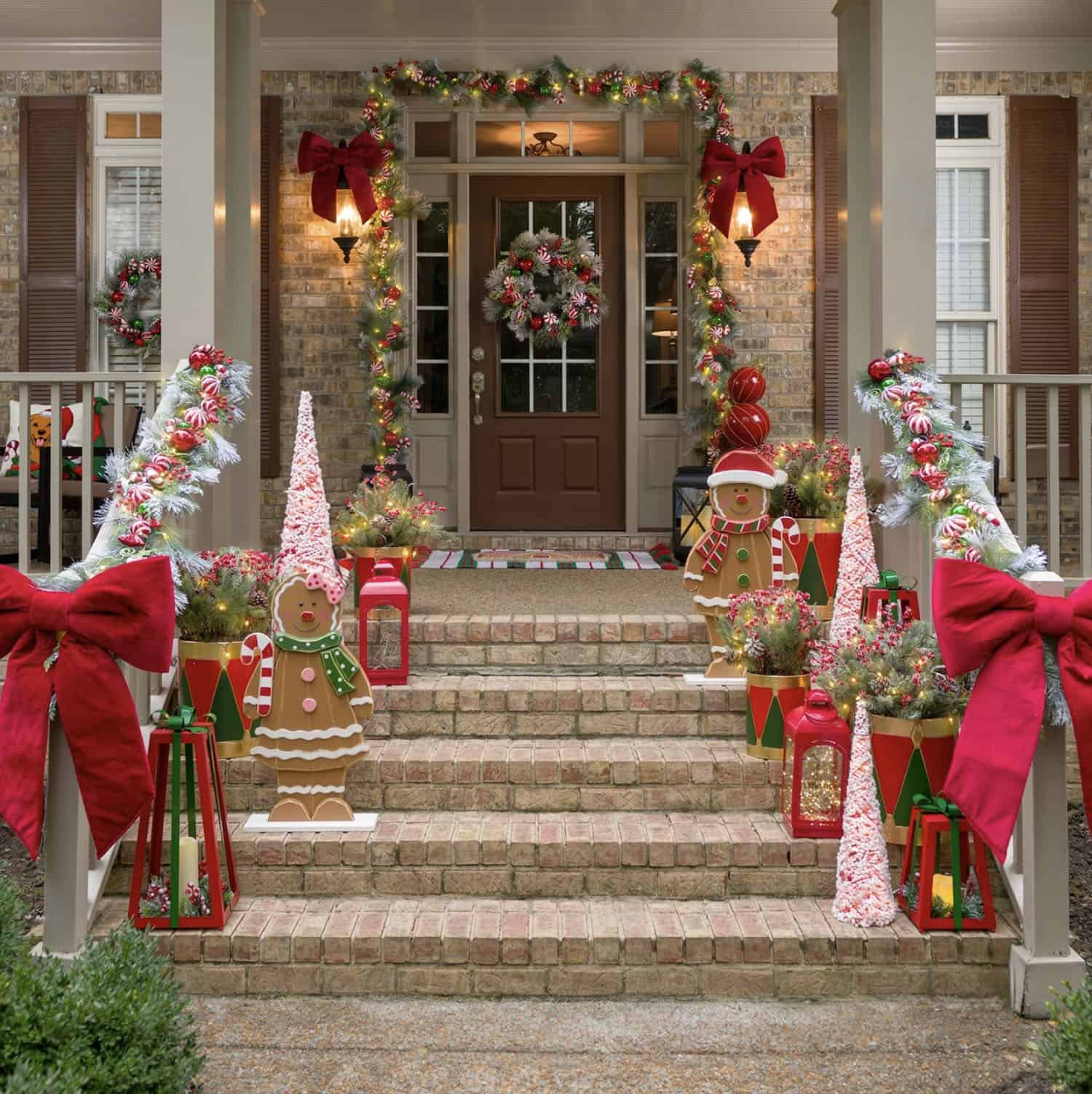 Whimsical Front Steps with Gingerbread Figures and Red Bows — Christmas House Exterior Decor