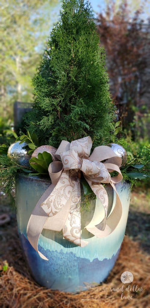 Classic Evergreen Tree in Blue-Green Pot with Gold Bow Classic Evergreen Tree in Blue-Green Pot with Gold Bow — Christmas Porch Planters