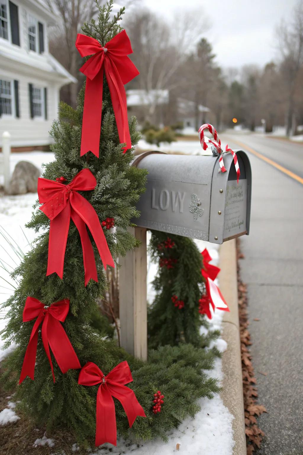 Traditional Mailbox with Evergreen Swag and Candy Canes — Christmas Mailbox Decor
