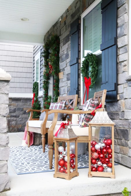 Elegant Modern Porch with Ornament-Filled Lanterns and Wreaths — Simple Christmas Outdoor Decor
