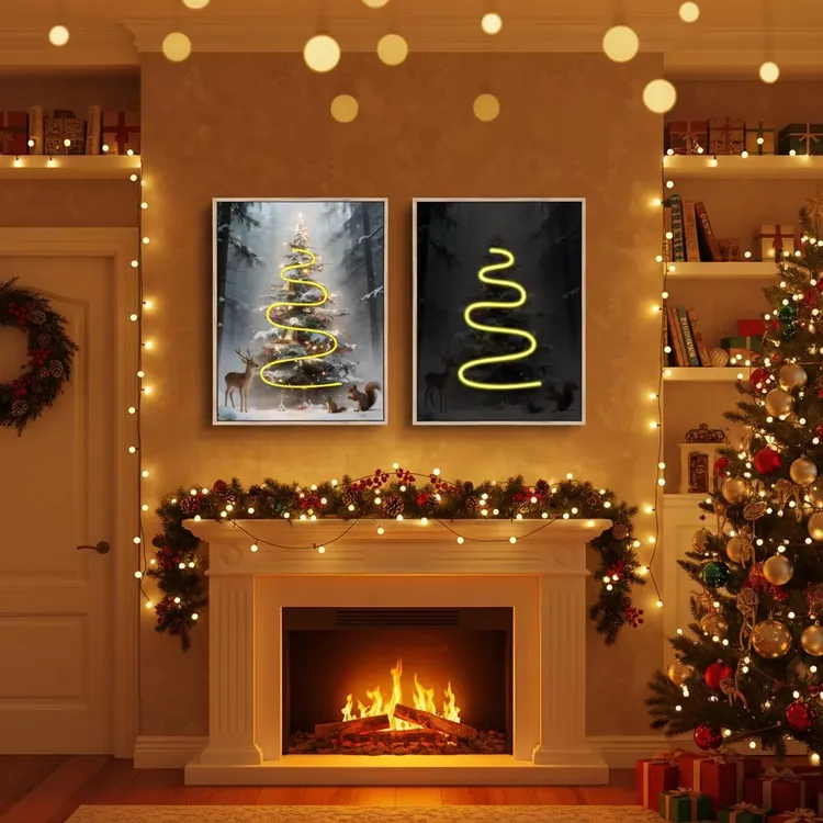 Abundant String Lights Drape Over Fireplace Garland and Gallery Wall — Christmas Lights Indoor