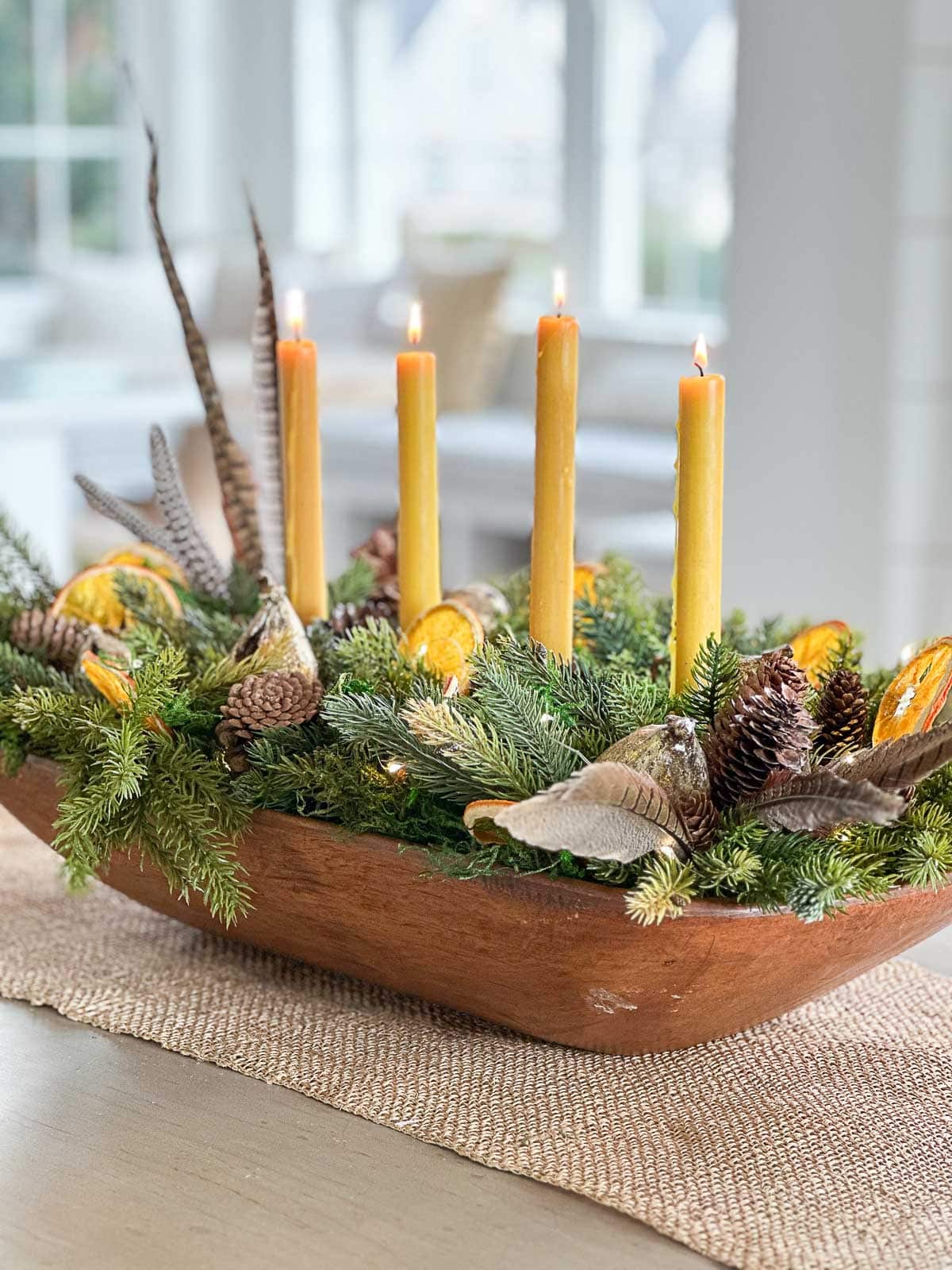 Natural Elements in a Wooden Dough Bowl Centerpiece — Christmas Centerpiece