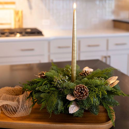 Traditional Evergreen Wreath with a Gold Candle — Christmas Centerpiece