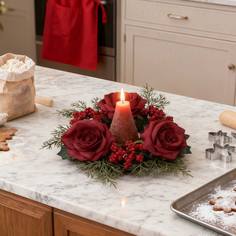 Farmhouse Kitchen Countertop with Cone Candle Wreath Farmhouse Kitchen Countertop with Cone Candle Wreath — Christmas Wedding Decor