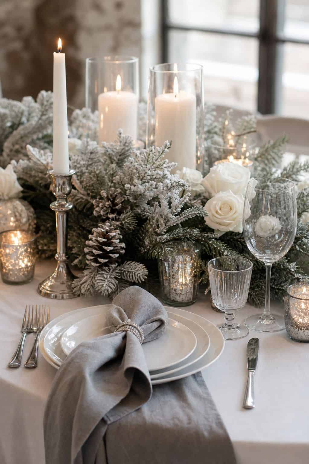 Elegant Frosted Greenery and White Rose Centerpiece Elegant Frosted Greenery and White Rose Centerpiece — Christmas Wedding Decor