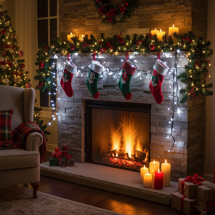 Traditional Fireplace with Garlands and Twinkling Lights Traditional Fireplace with Garlands and Twinkling Lights — Christmas Lights in Garland Indoor