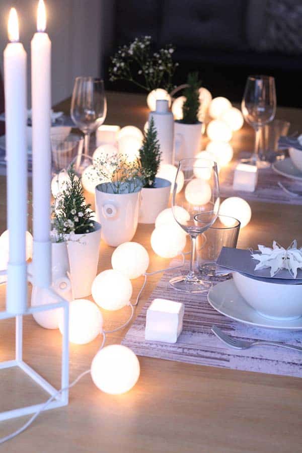 Modern Table Setting with Large Round Fairy Lights — Christmas Fairy Lights Living Room