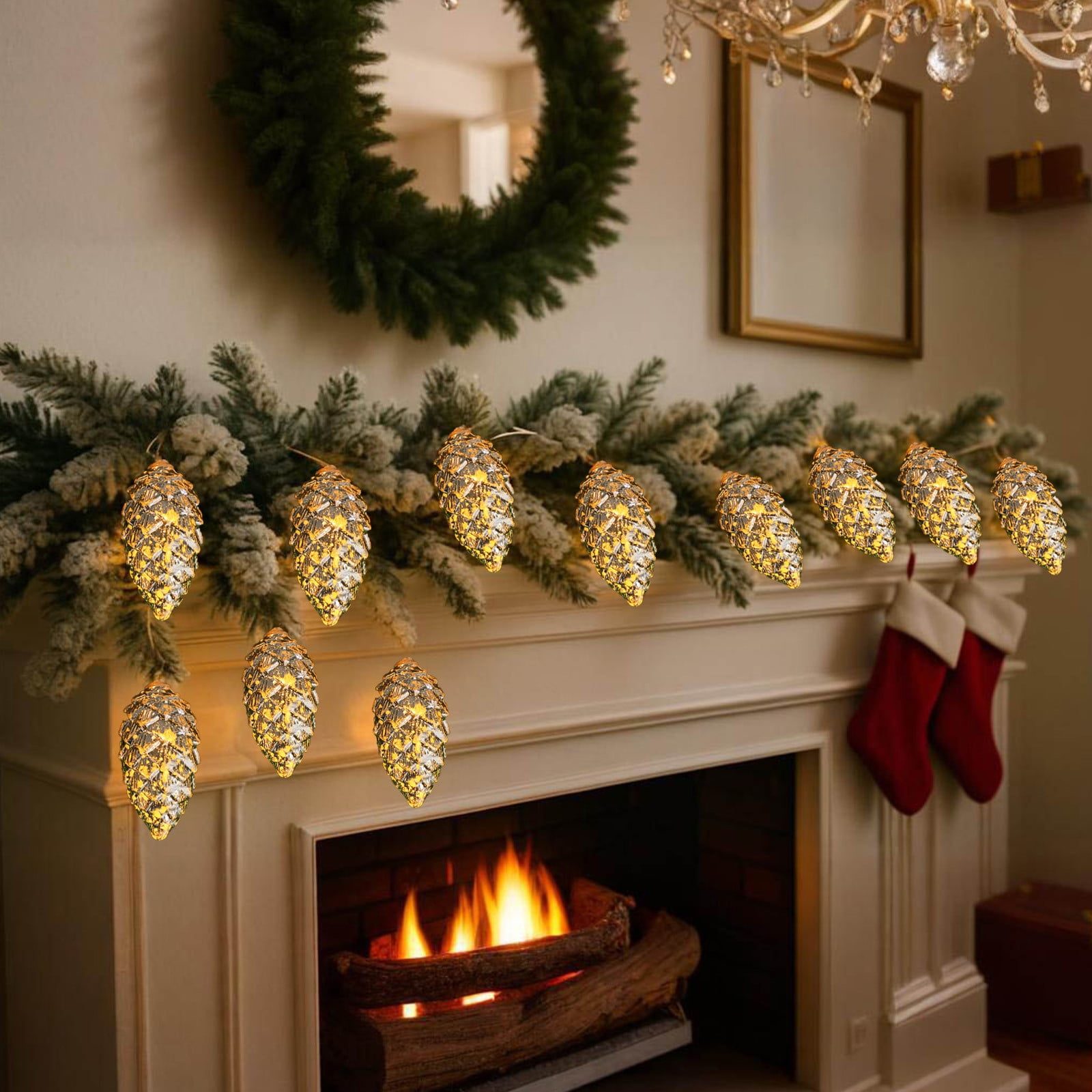 Pine Cone Fairy Lights on a Frosted Garland — Christmas Fairy Lights Living Room