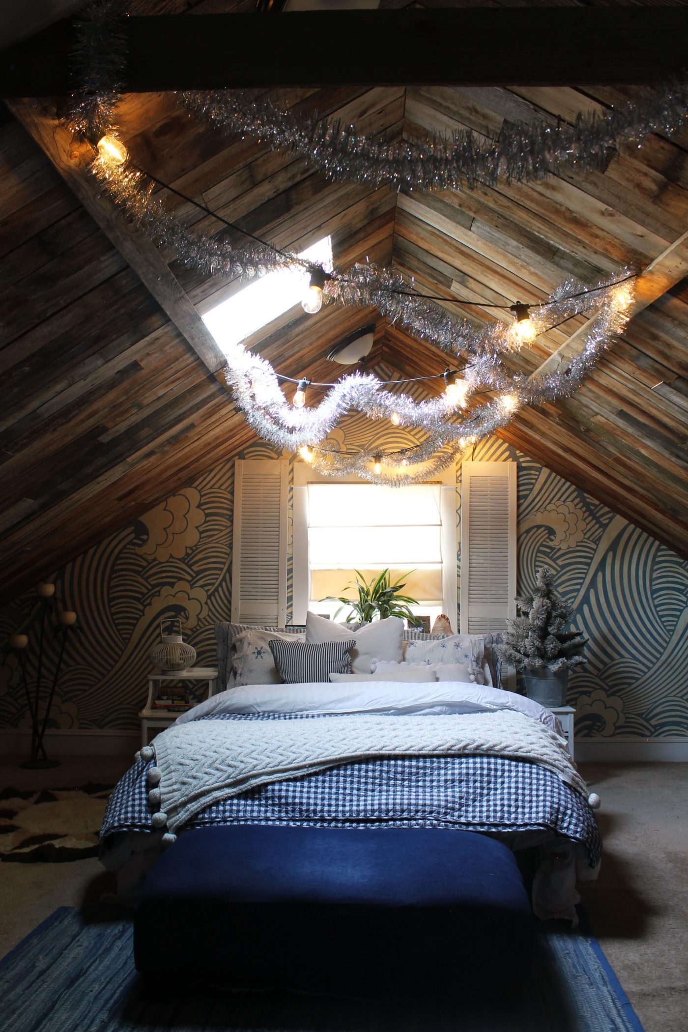 Rustic Bedroom Sloped Ceiling with Tinsel and Bulb Fairy Lights Rustic Bedroom Sloped Ceiling with Tinsel and Bulb Fairy Lights — Christmas Fairy Lights Ceiling