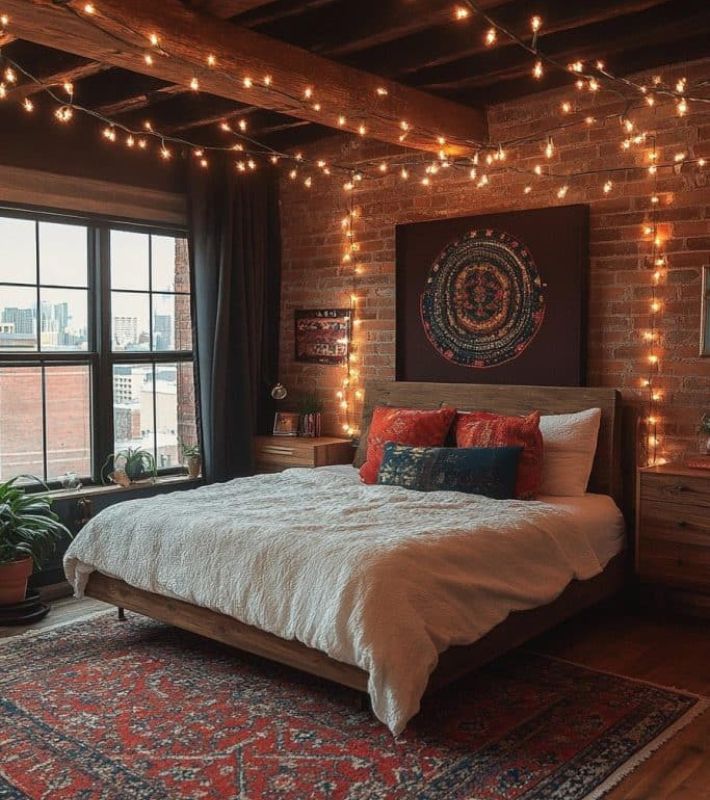 Boho Bedroom Ceiling with Draped Fairy Lights and Exposed Beams Boho Bedroom Ceiling with Draped Fairy Lights and Exposed Beams — Christmas Fairy Lights Ceiling