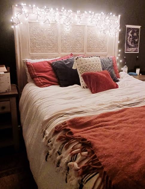Maximalist Bedroom with Intricately Carved Headboard and Fairy Lights — Christmas Fairy Lights Headboard