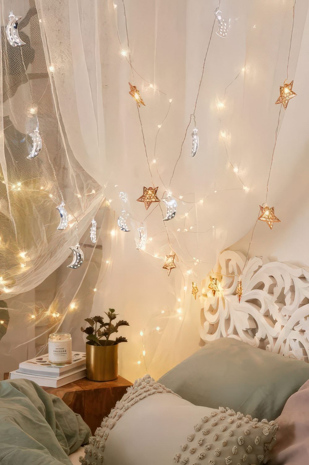 Boho Bedroom with Ornate Headboard and Star/Moon Fairy Lights — Christmas Fairy Lights Headboard