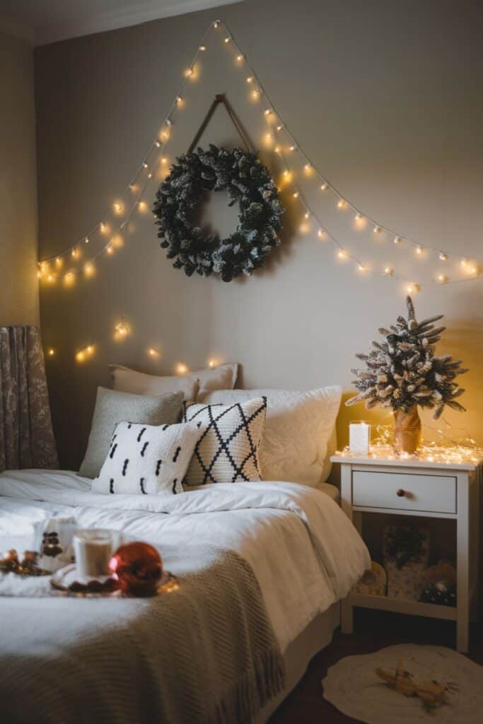 Cozy Christmas Bedroom with Fairy Lights and Flocked Wreath — Christmas Fairy Lights Headboard