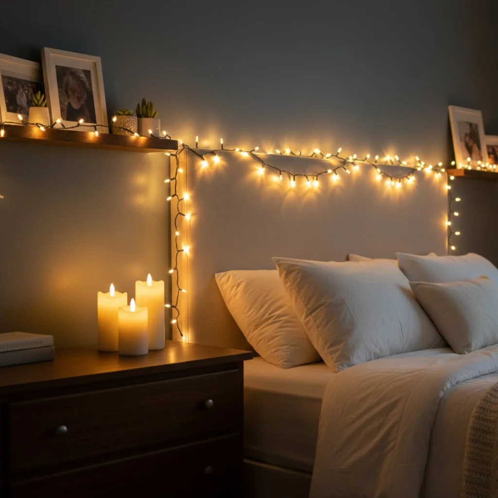 Minimalist Bedroom with Gentle Curve of Fairy Lights Above Headboard — Christmas Fairy Lights Headboard