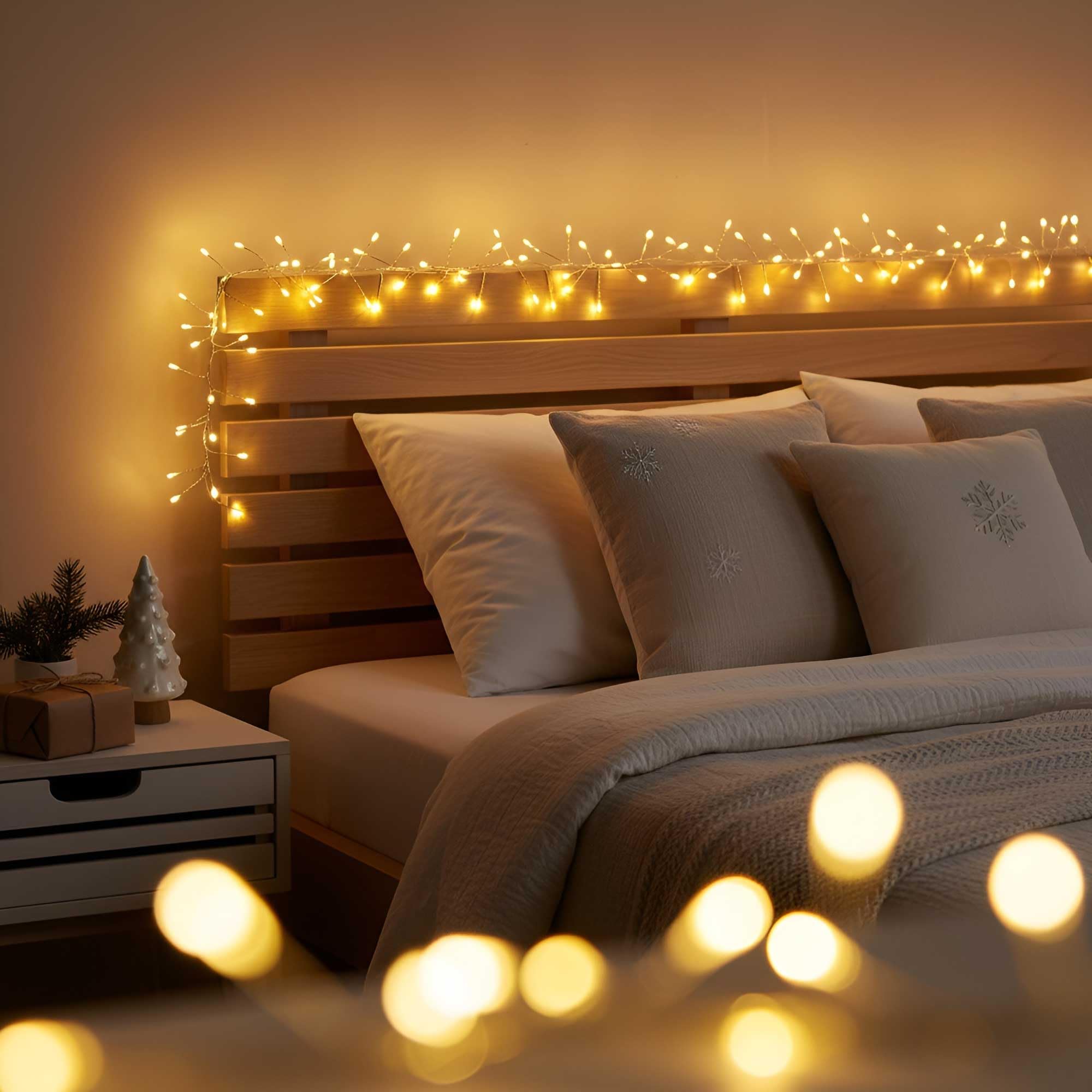 Modern Wooden Headboard with Warm Fairy Lights and Christmas Accents — Christmas Fairy Lights Headboard