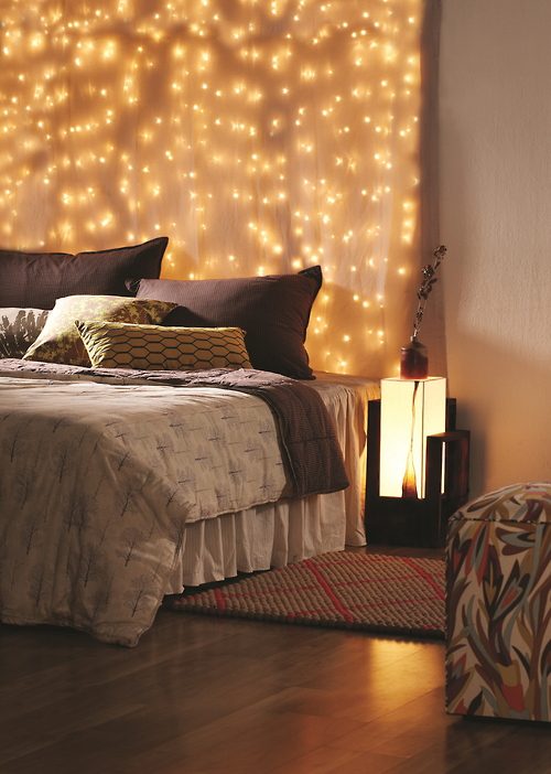 Bohemian Bedroom with Dramatic Fairy Light Curtain Backdrop — Christmas Fairy Lights Headboard