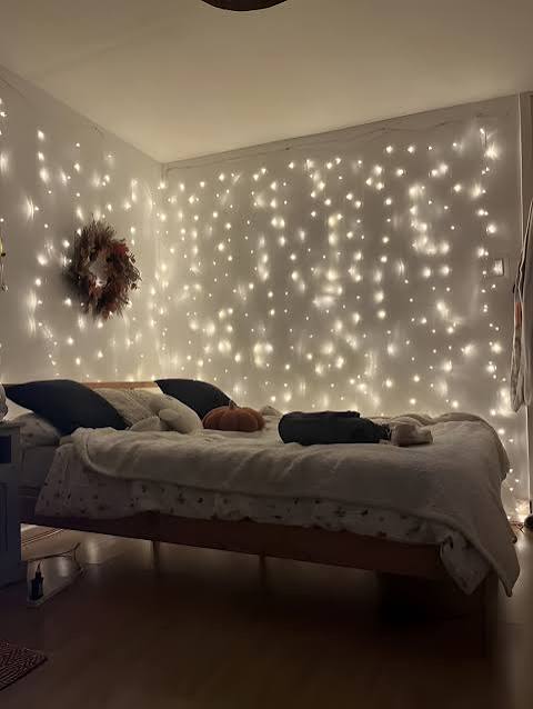 Boho Bedroom with Dense Fairy Light Wall Covering — Christmas Fairy Lights Headboard