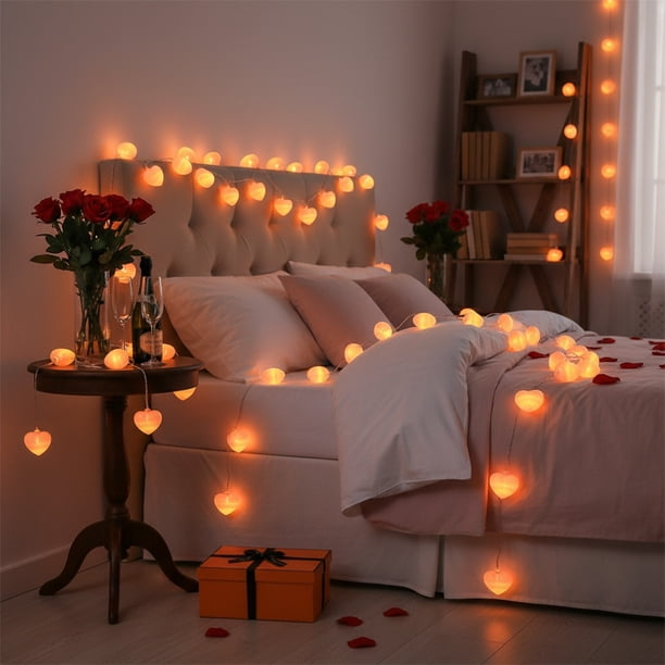 Romantic Bedroom with Tufted Headboard and Heart Fairy Lights — Christmas Fairy Lights Headboard