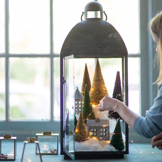 Indoor Vignette Rustic Lantern with Miniature Christmas Village — Christmas Lantern Lights