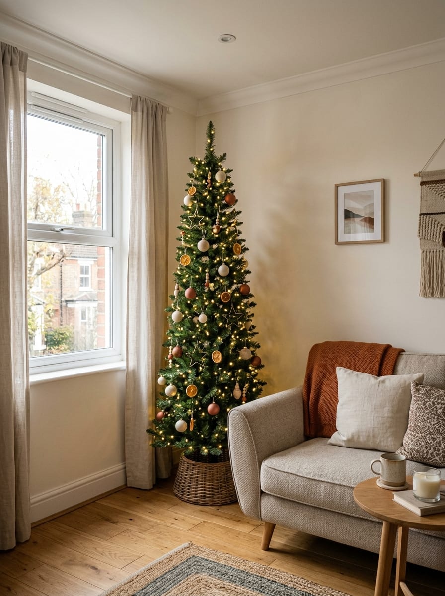Cozy Scandi Slim Tree with Dried Orange Slice Ornaments — Slim Christmas Tree Decor