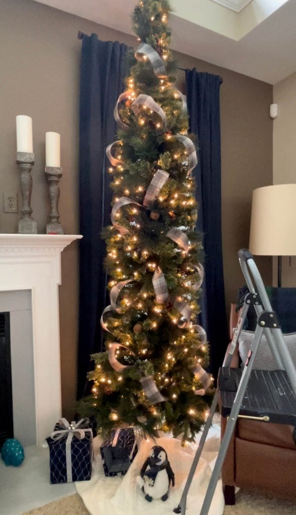 Corner Slim Tree with Plaid Ribbon and Warm Lights — Slim Christmas Tree Decor