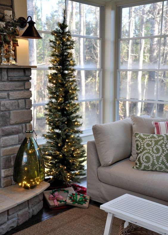 Pre-Lit Slim Tree in a Sunroom Corner — Slim Christmas Tree Decor
