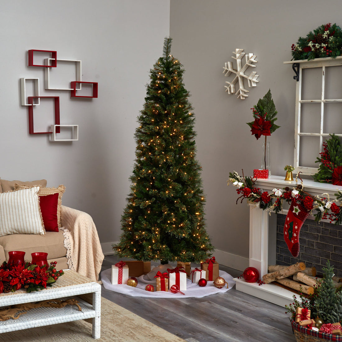 Cashmere Texture Slim Tree with Clear Lights — Slim Christmas Tree Decor