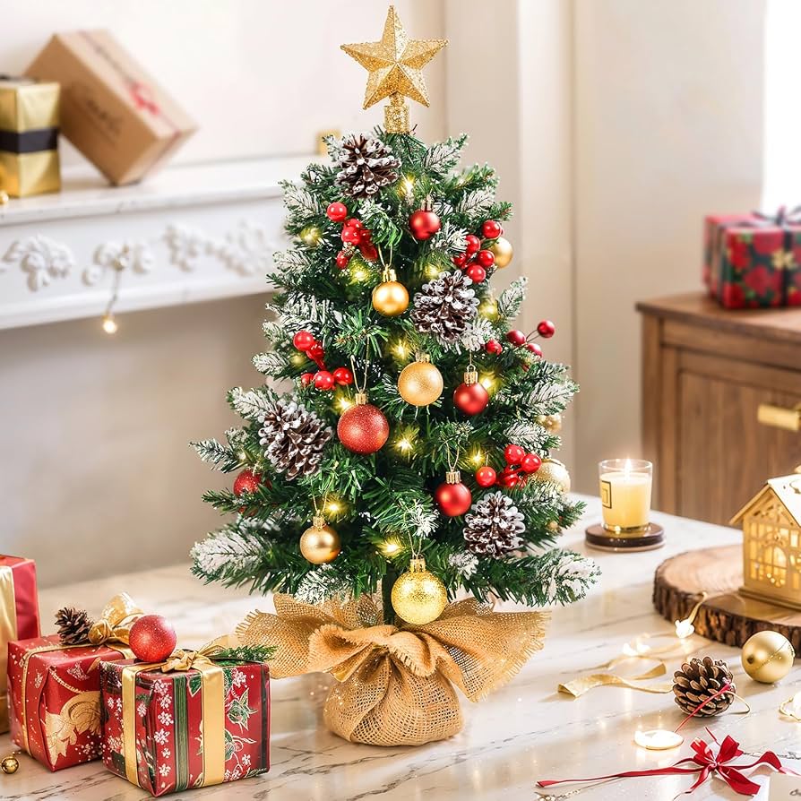 Tabletop Traditional Mini Tree with Red and Gold Ornaments and Gifts — Tabletop Christmas Tree Decor