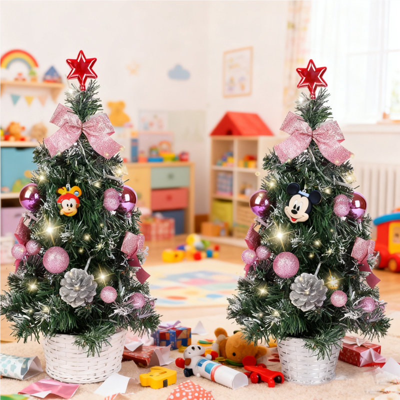Whimsical Wicker Basket Trees with Character Ornaments — Tabletop Christmas Tree Decor