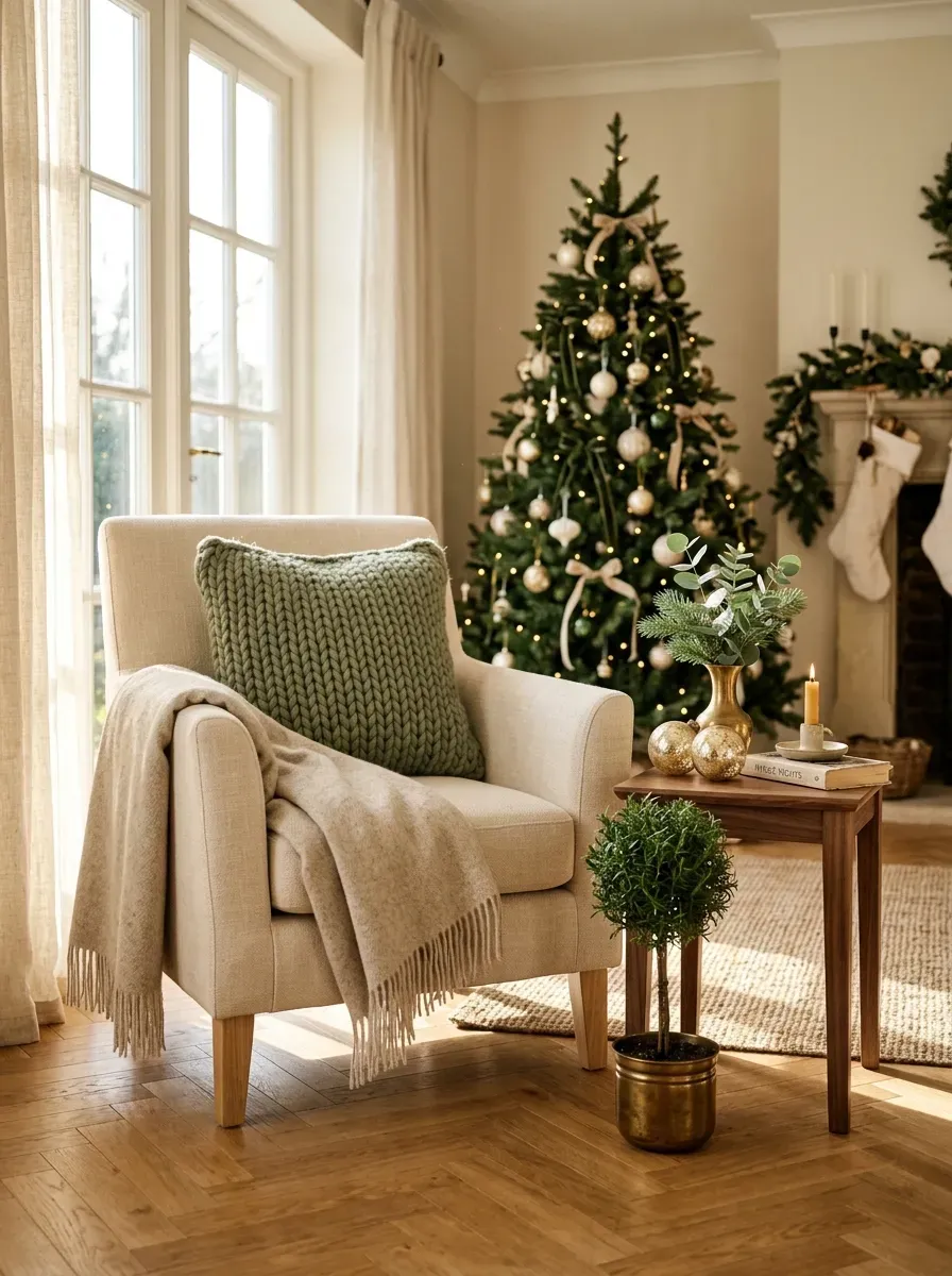 Comfortable Armchair Bathed in Natural Light Near Christmas Decor Comfortable Armchair Bathed in Natural Light Near Christmas Decor — Cozy Christmas Living Room
