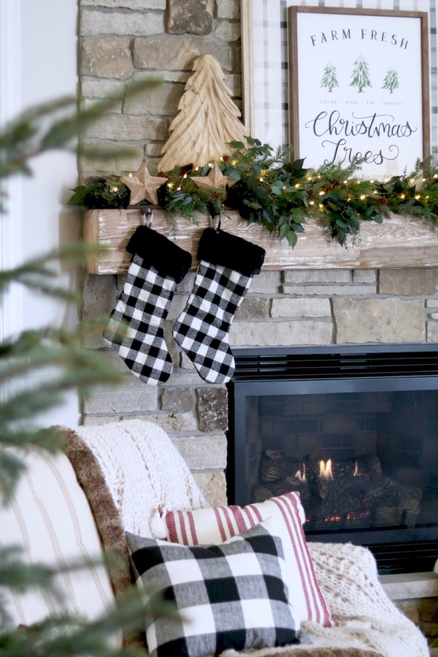 Cozy Farmhouse Mantel with Buffalo Check Stockings and Wooden Tree Cozy Farmhouse Mantel with Buffalo Check Stockings and Wooden Tree — Farmhouse Christmas Mantel