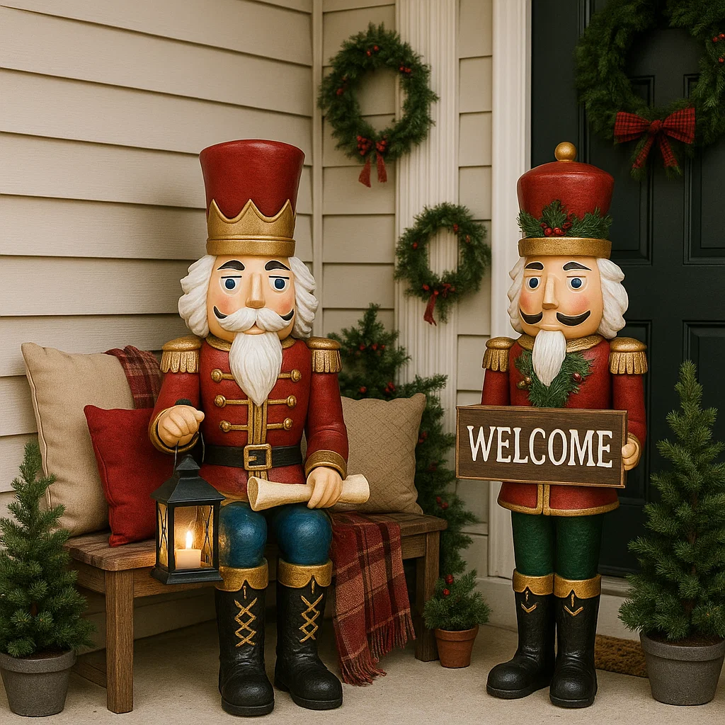 Festive Front Porch with Large Nutcracker Sentinels — Nutcracker Display