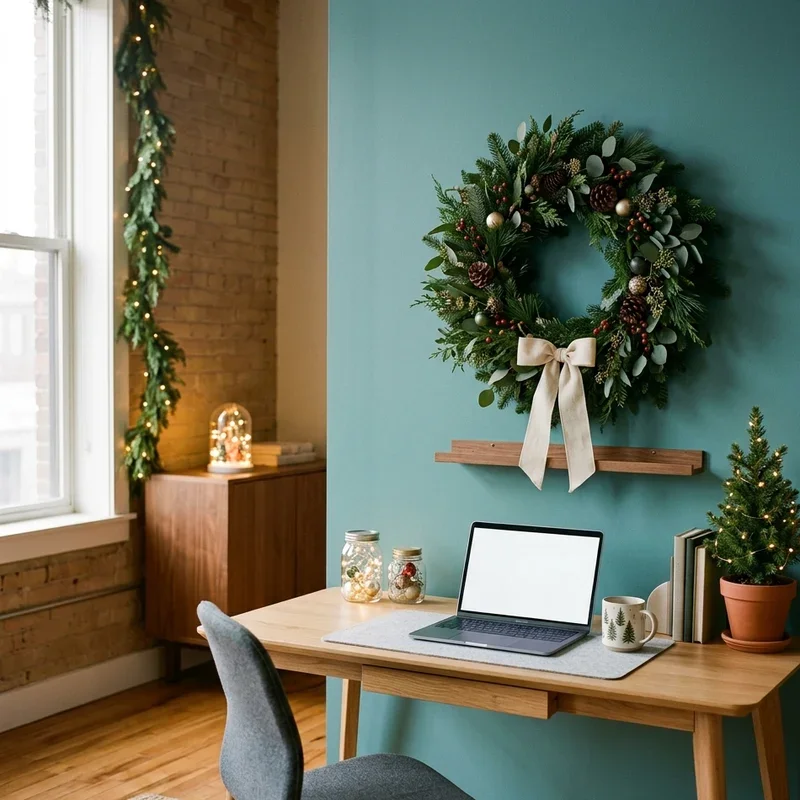 Teal Home Office with Large Festive Wreath and Garland Teal Home Office with Large Festive Wreath and Garland — Christmas Home Office Decor