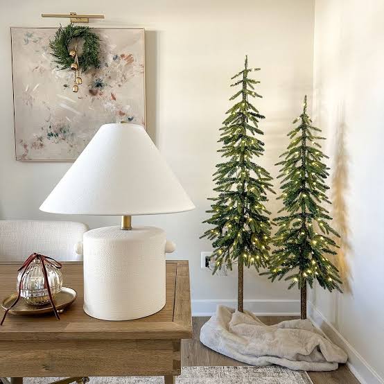 Modern Corner with Slim Lit Artificial Christmas Trees Modern Corner with Slim Lit Artificial Christmas Trees — Christmas Home Office Decor